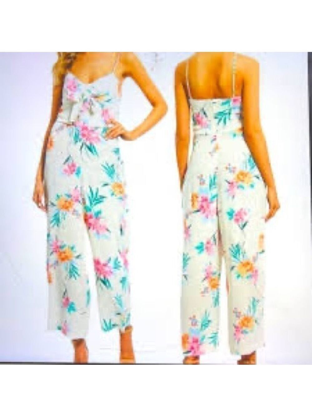 GIANNI BINI NWT Cropped Wide Leg Tropical Flowers And Polka Dot Jumpsuit Large - Picture 2 of 14